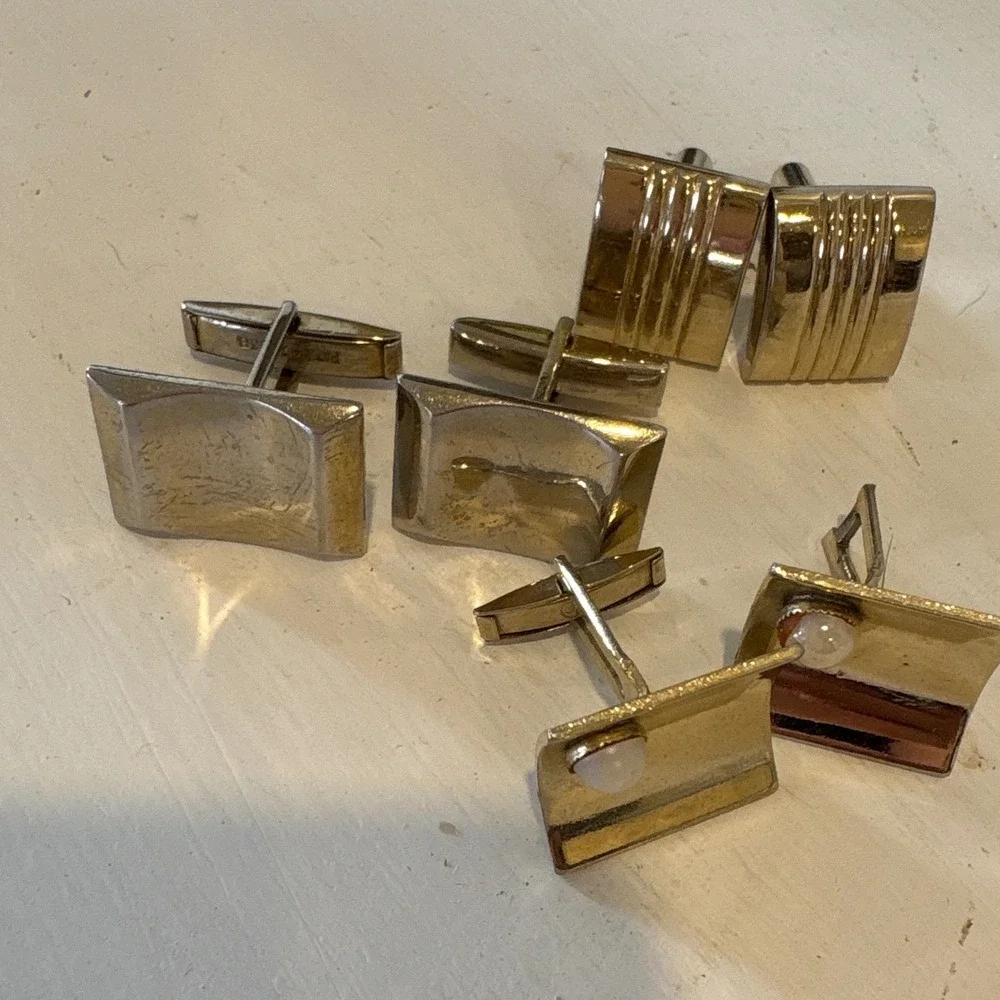 Vintage Gold Tone Cufflinks Set of 3 Pairs MCM Ribbed Pearl Geometric Designs